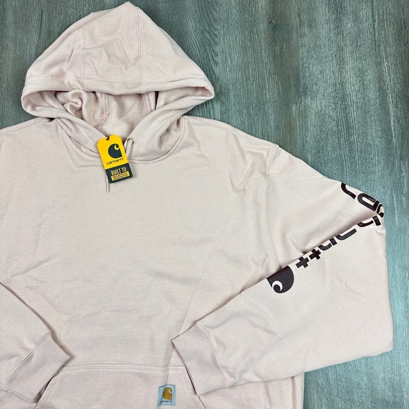 Carhartt Men Loose Fit Midweight Logo Sleeve Graphic Hoodie Sz 2XL Ash Rose Pink - Picture 3 of 9